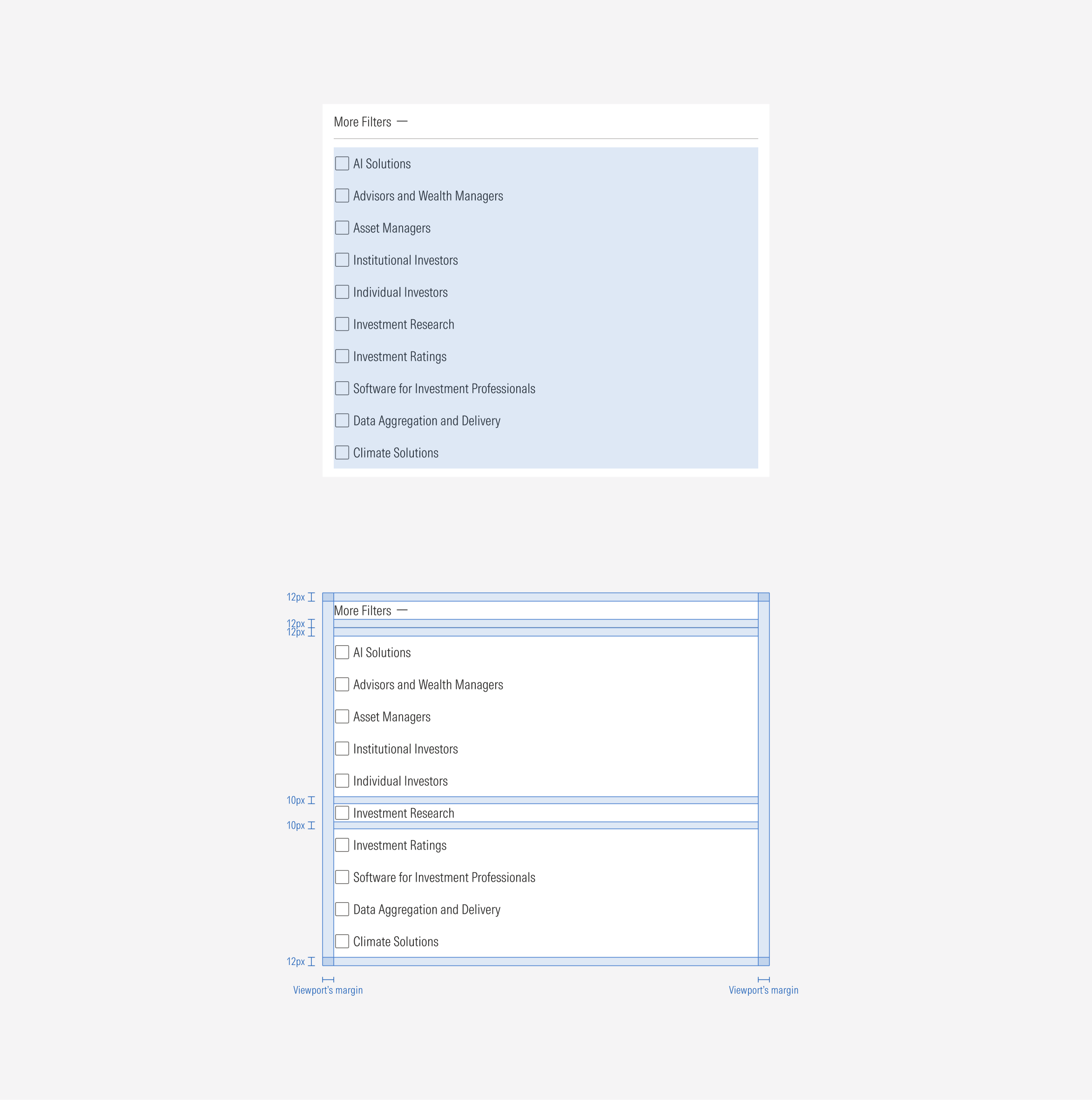 Specs for the more filter section on SM and Default viewports