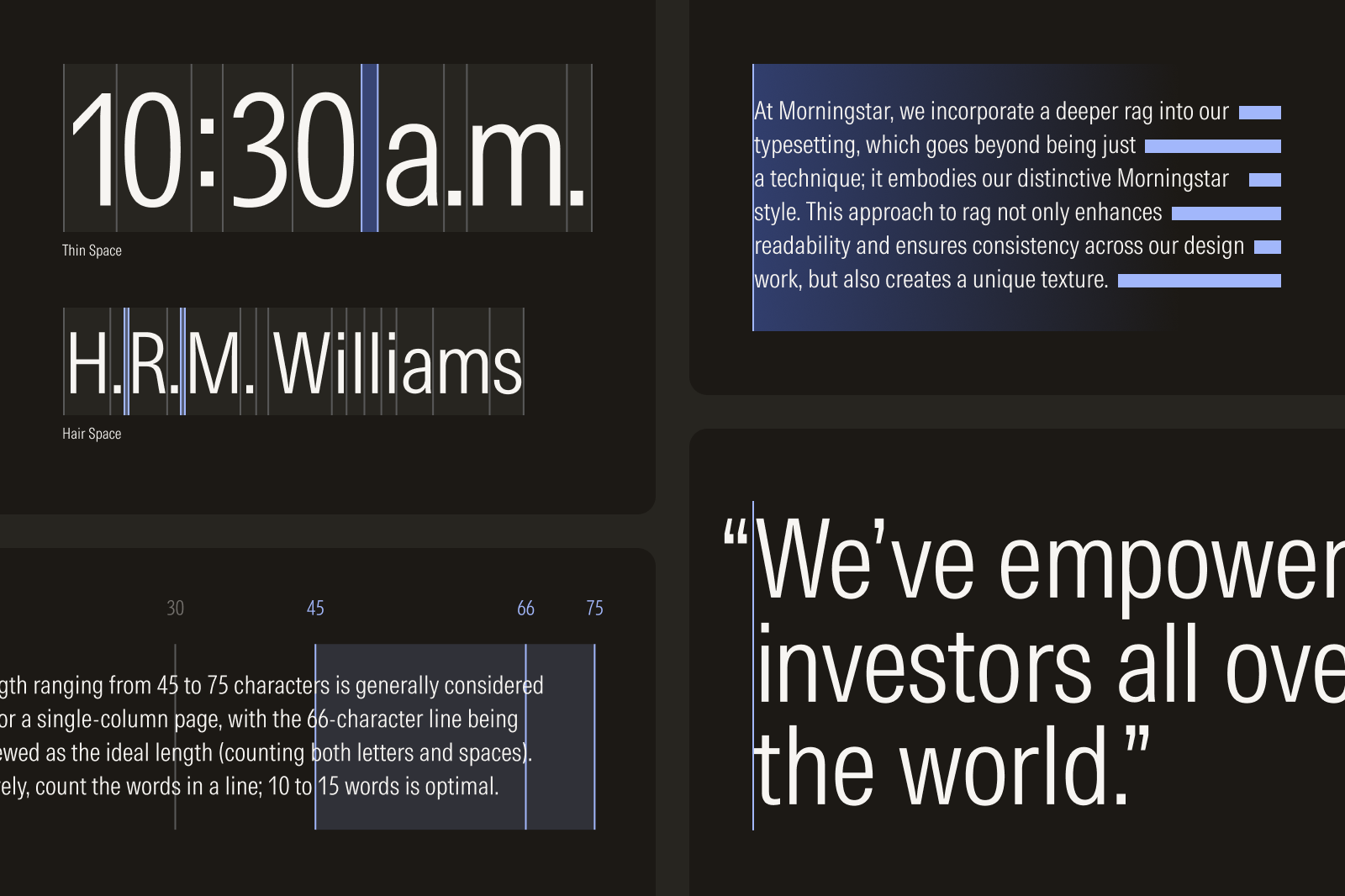 Examples of ideal kerning, rags, optical alignment, and line length in a paragraph.