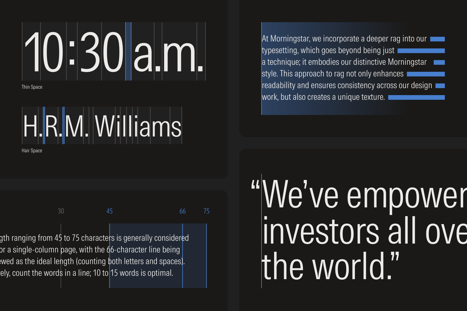 Examples of ideal kerning, rags, optical alignment, and line length in a paragraph.