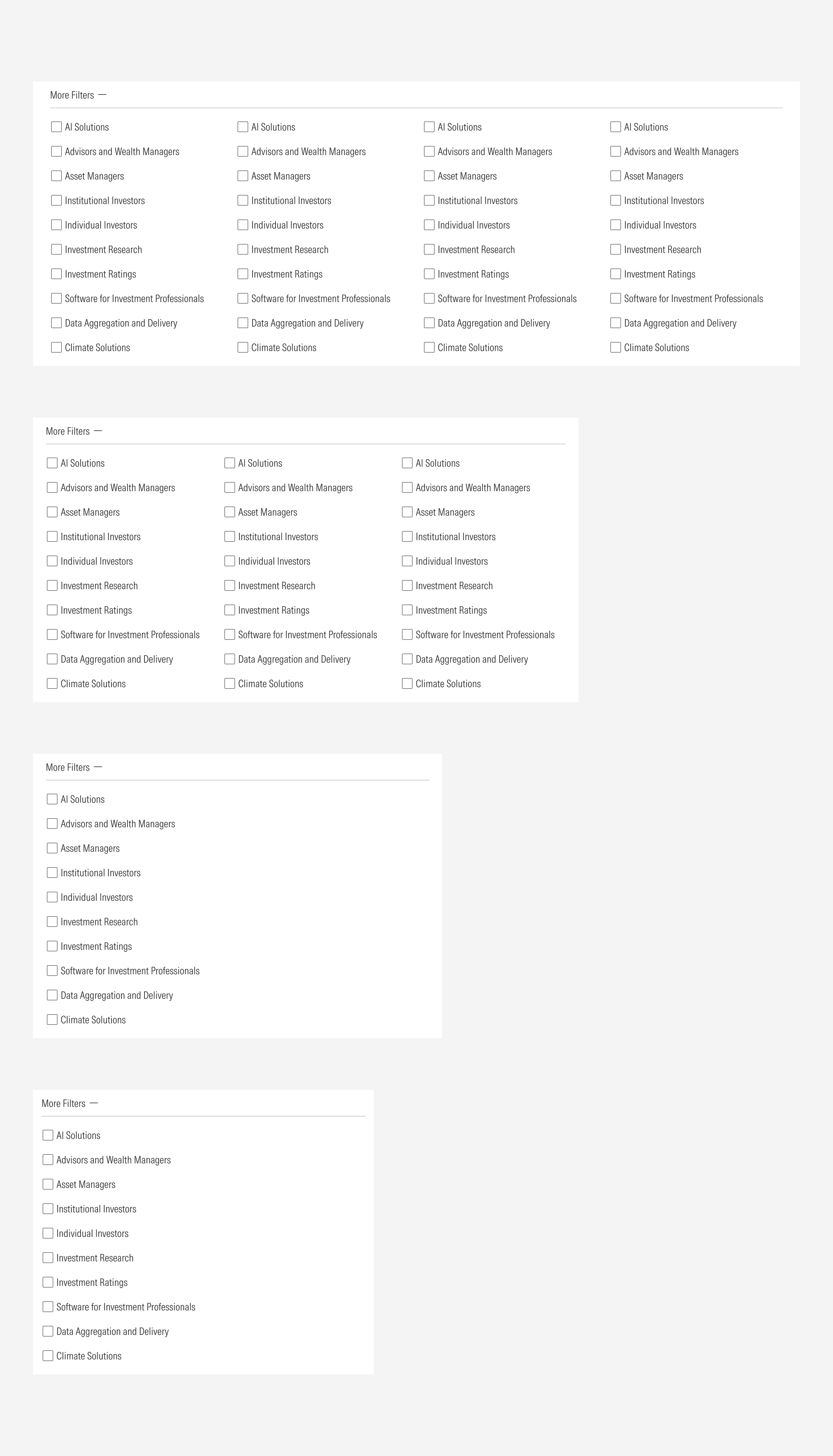 More filters section in the 4 viewports: LG, MD, SM, and Default
