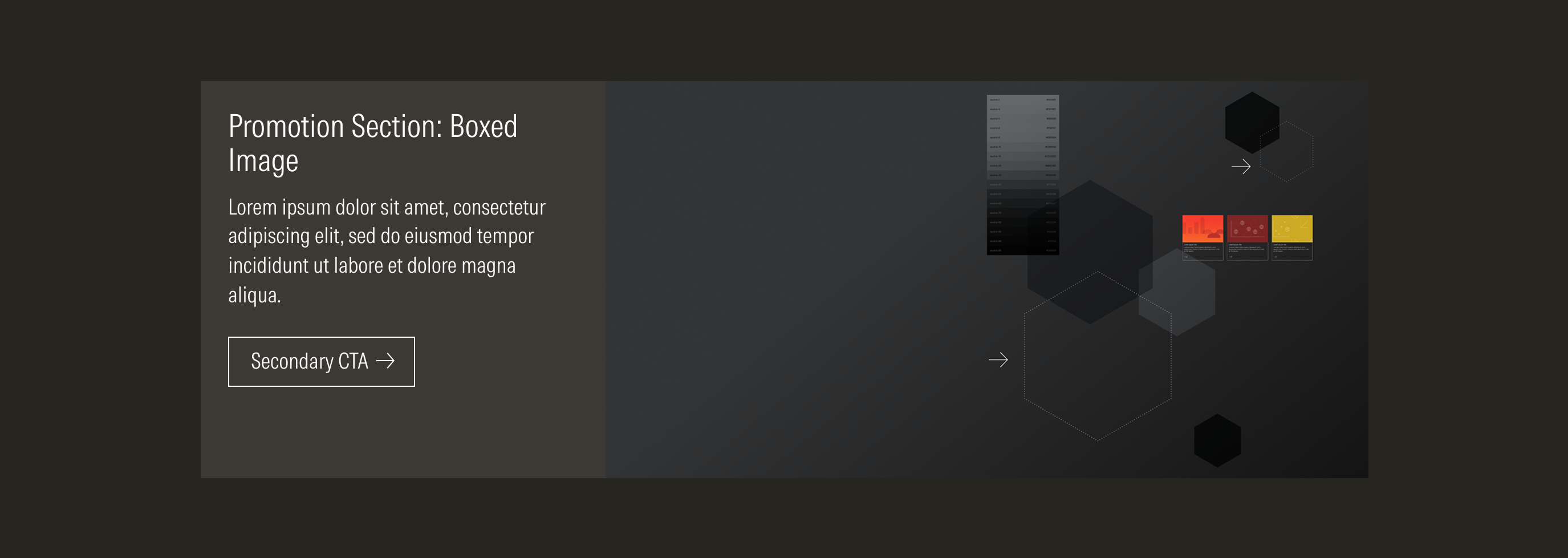 Shows the dark theme for the boxed image promotion section