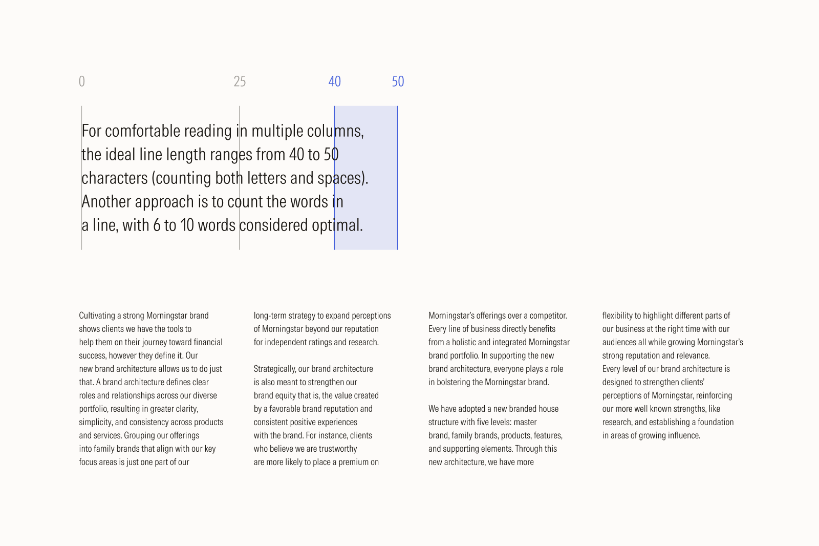 For comfortable reading in multiple columns, aim for a line length ranging from 40 to 50 characters, including letters and spaces. Alternatively, aim for 6 to 10 words per line.