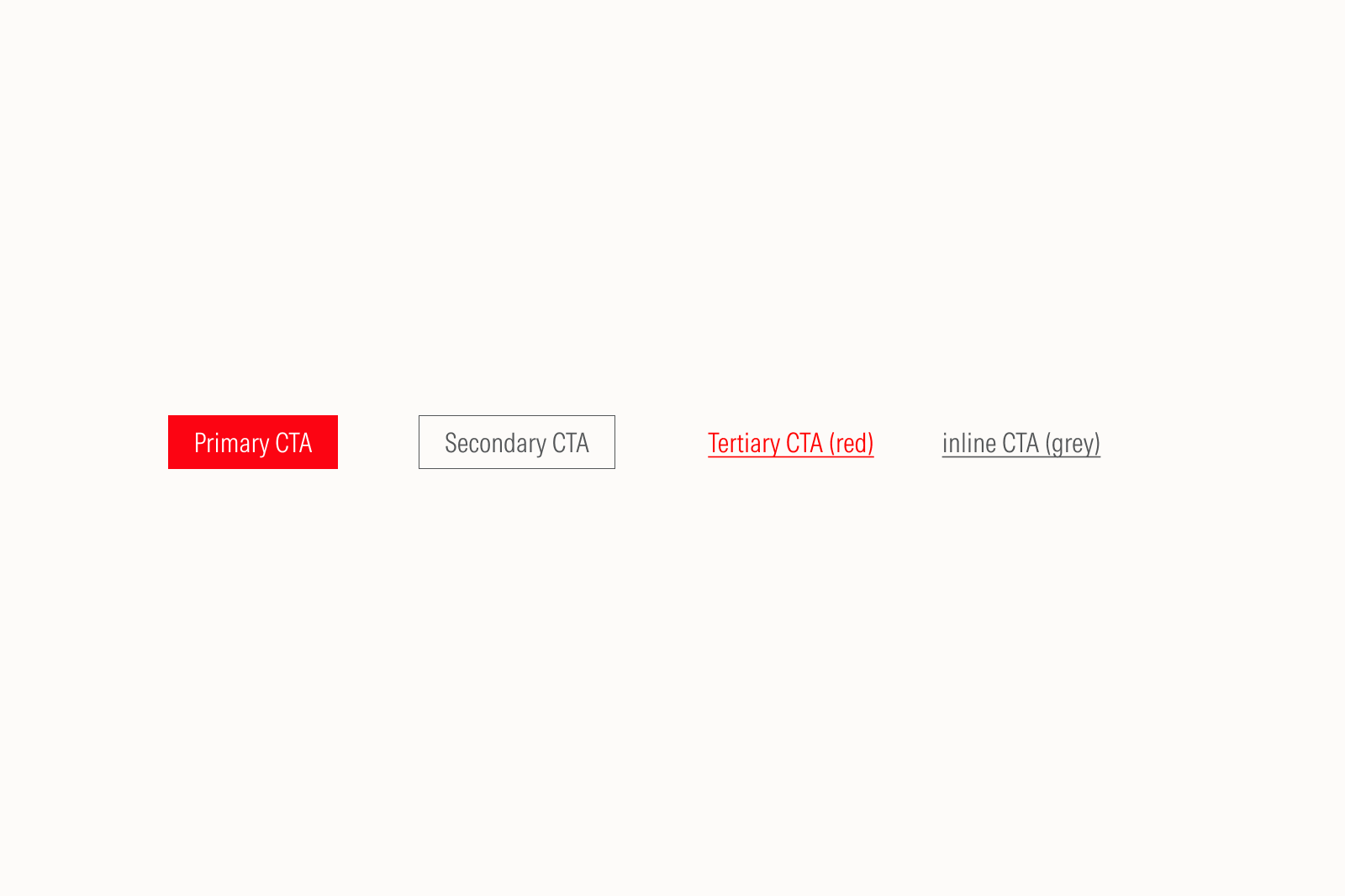 Examples of button options, showing a primary CTA, secondary CTA, tertiary CTA, and inline CTA. 