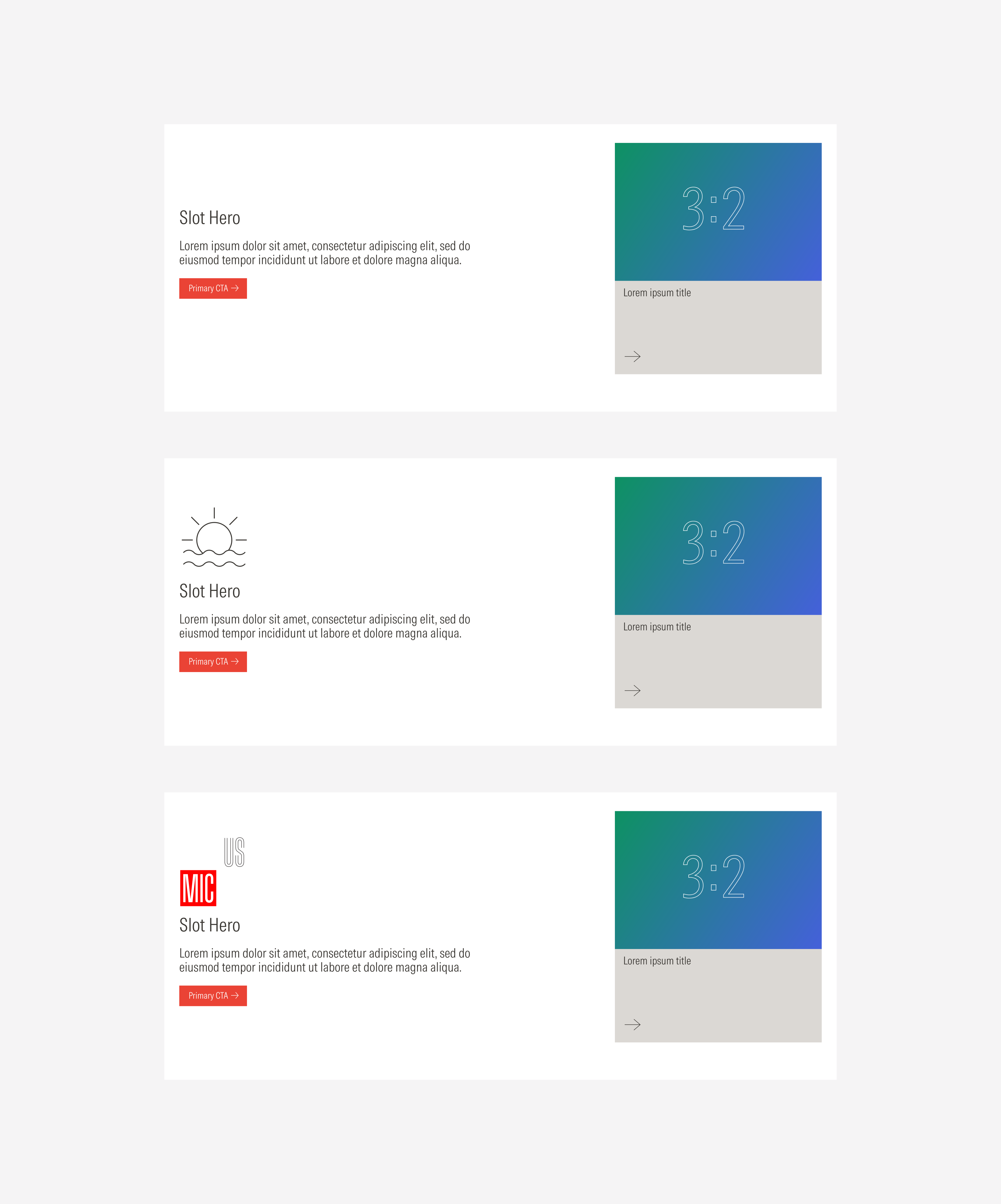 Slot hero general card variants: with an icon, with a logo, text block only