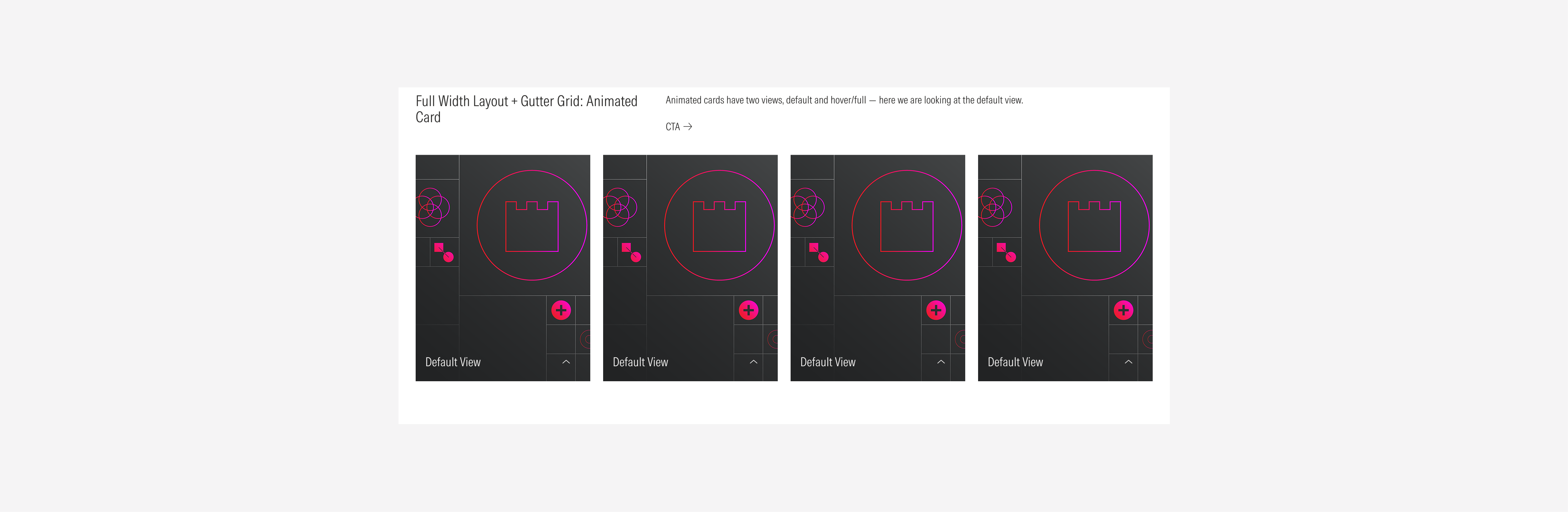 Full width layout grid using the gutter gutter style with the possible variants using animated cards