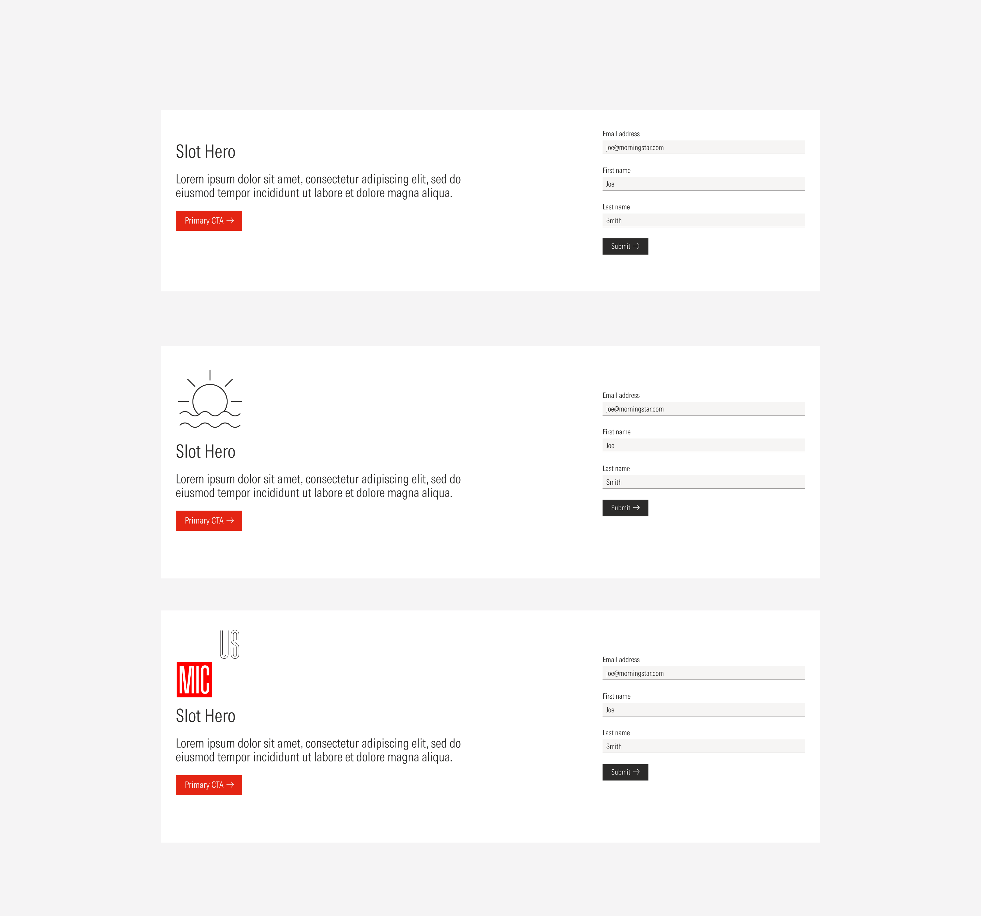 Slot hero form variants: with an icon, with a logo, text block only