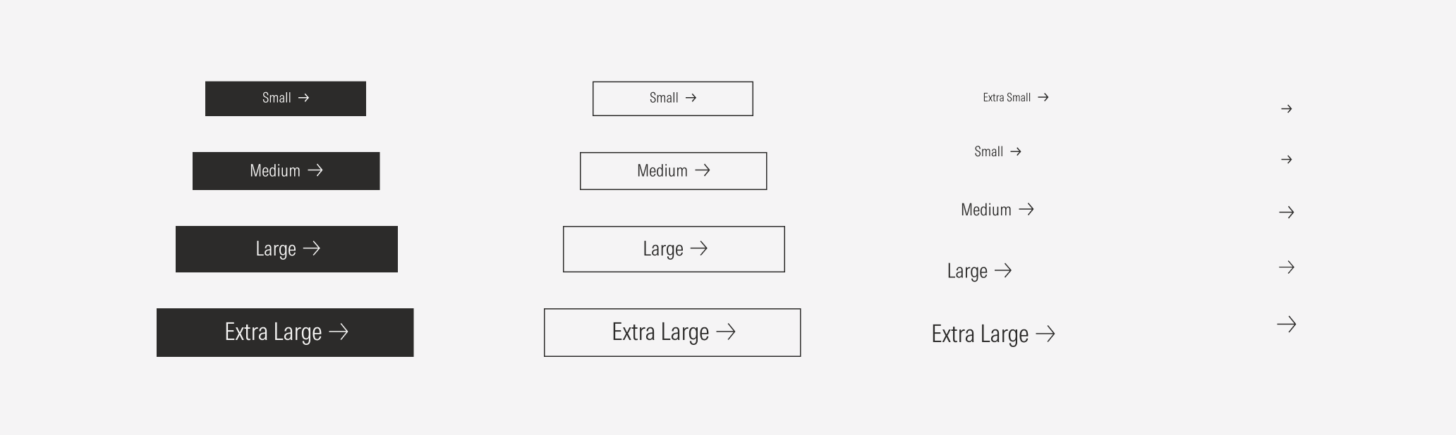 Example of the 3 types of the main buttons in each of the available sizes