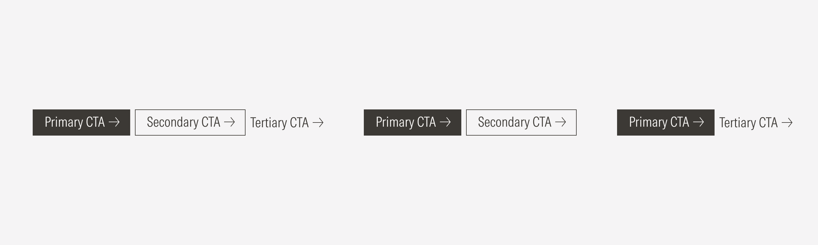 Main button group container examples: With 3 CTAs (Primary, Secondary, Tertiary), with 2 CTAs option 1 (Primary, Secondary), or with 2 CTAs option 2 (Primary, Tertiary))