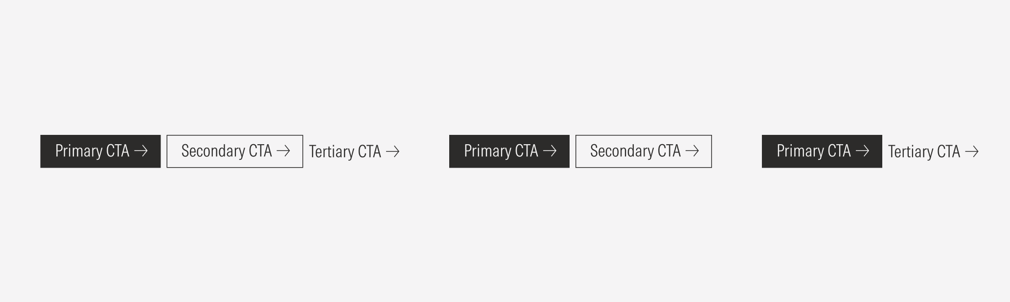 Main button group container examples: With 3 CTAs (Primary, Secondary, Tertiary), with 2 CTAs option 1 (Primary, Secondary), or with 2 CTAs option 2 (Primary, Tertiary))