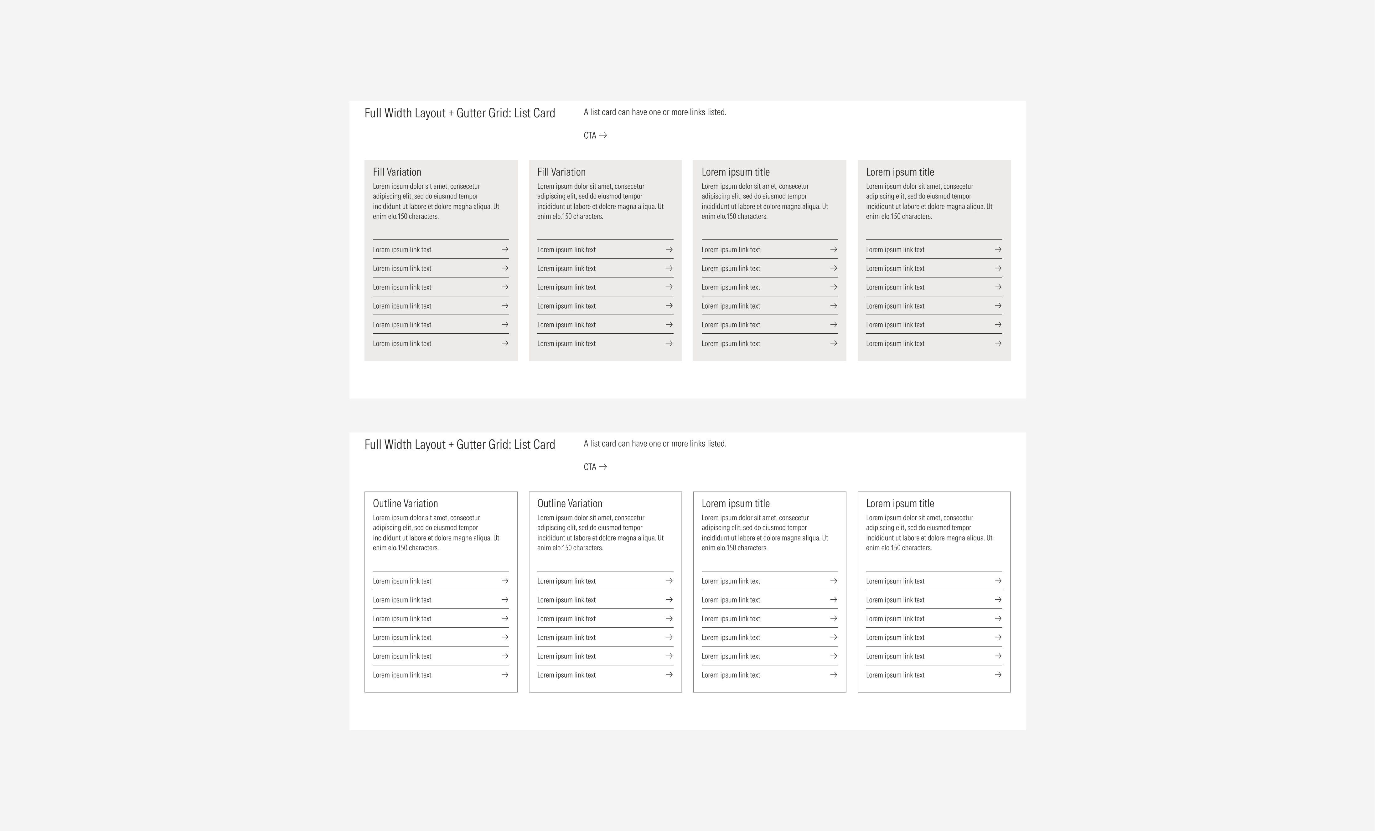 Full width layout grid using the gutter gutter style with the possible variants using list cards