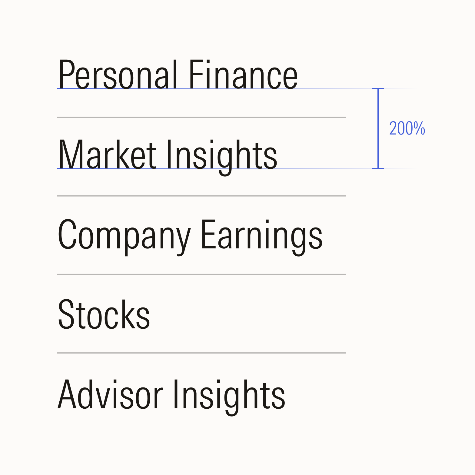 For lists with a rule line, aim for a minimum of 200% leading space between each section. For example, a type size of 16 px would have 32 px leading.
