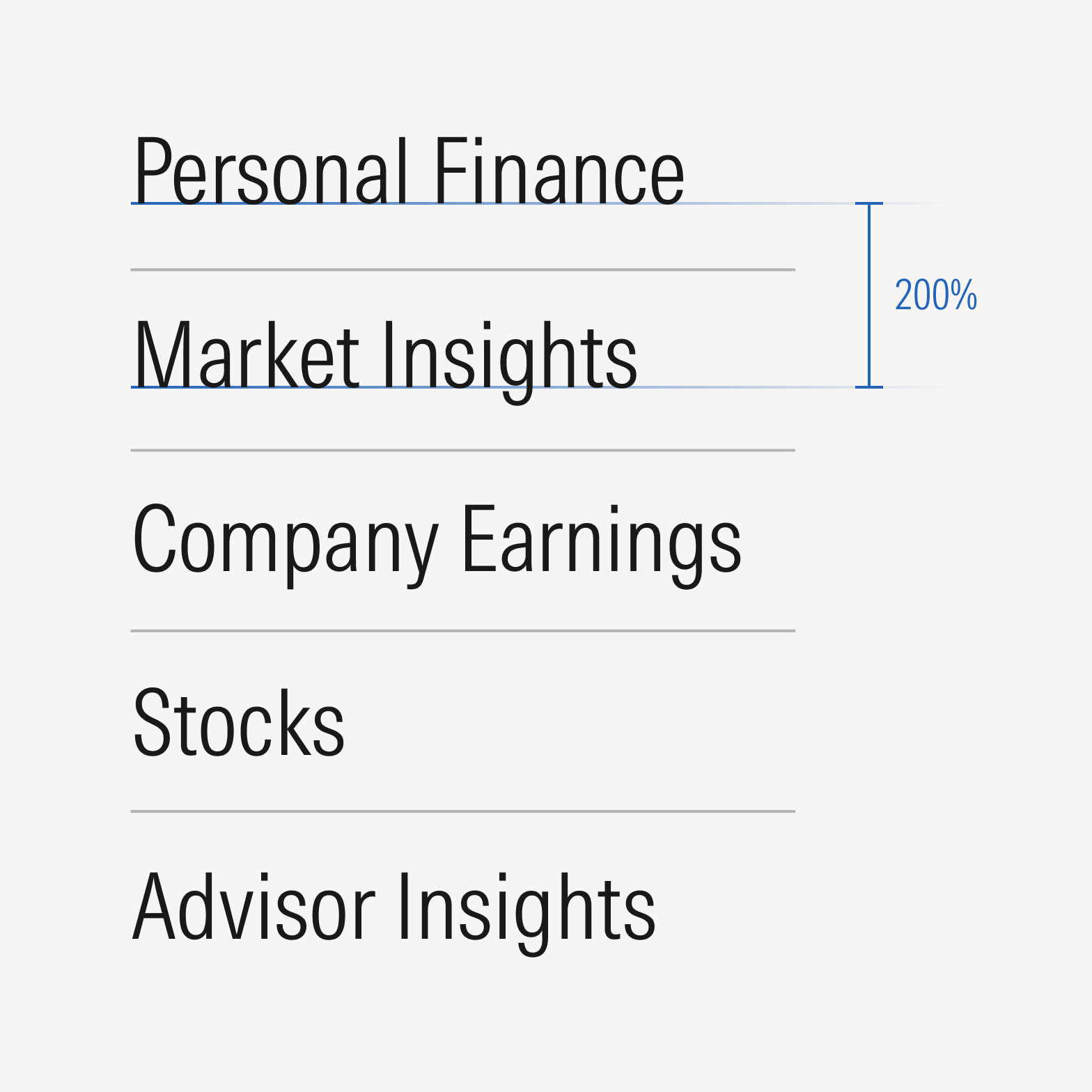 For lists with a rule line, aim for a minimum of 200% leading space between each section. For example, a type size of 16 px would have 32 px leading.