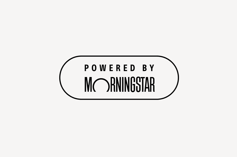 Image of powered by morningstar logo with black type on black outline pill