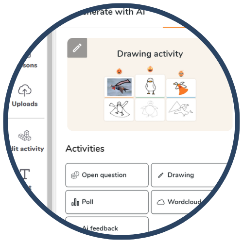 A screenshot of an educational platform showing a drawing activity with illustrations of birds and various user options.