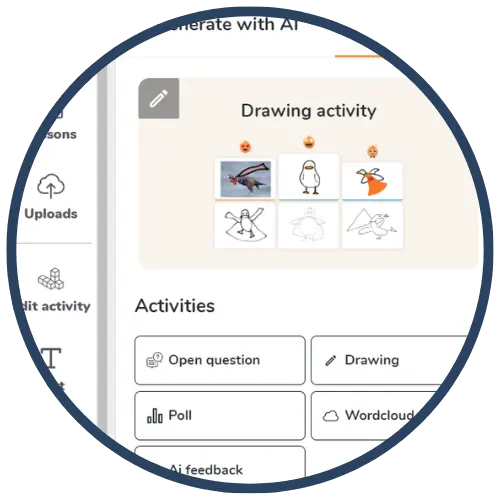 A screenshot of an educational platform showing a drawing activity with illustrations of birds and various user options. A screenshot of an educational platform showing a drawing activity with illustrations of birds and various user options.