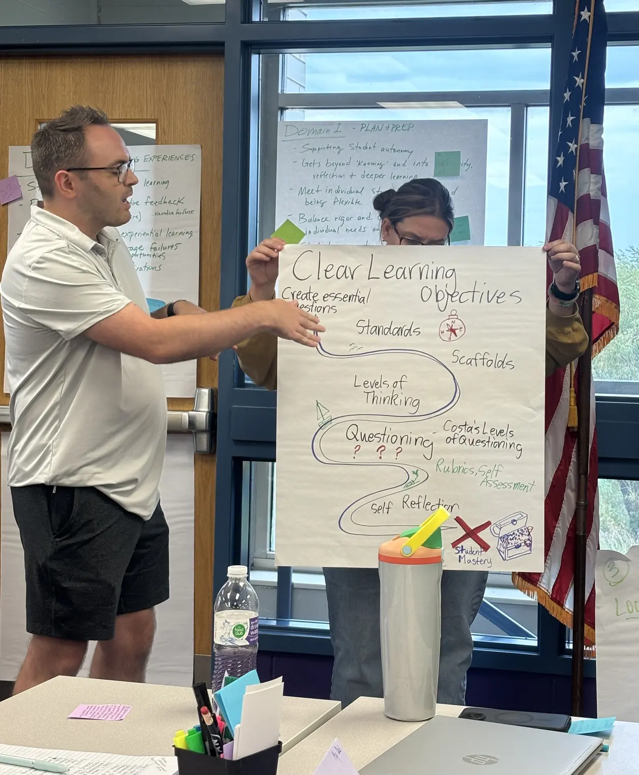 Two individuals standing in front of a classroom, holding a large poster with 'Clear Learning Objectives' written on it. The room has a window, an American flag, and various educational posters on the walls. Two individuals standing in front of a classroom, holding a large poster with 'Clear Learning Objectives' written on it. The room has a window, an American flag, and various educational posters on the walls.