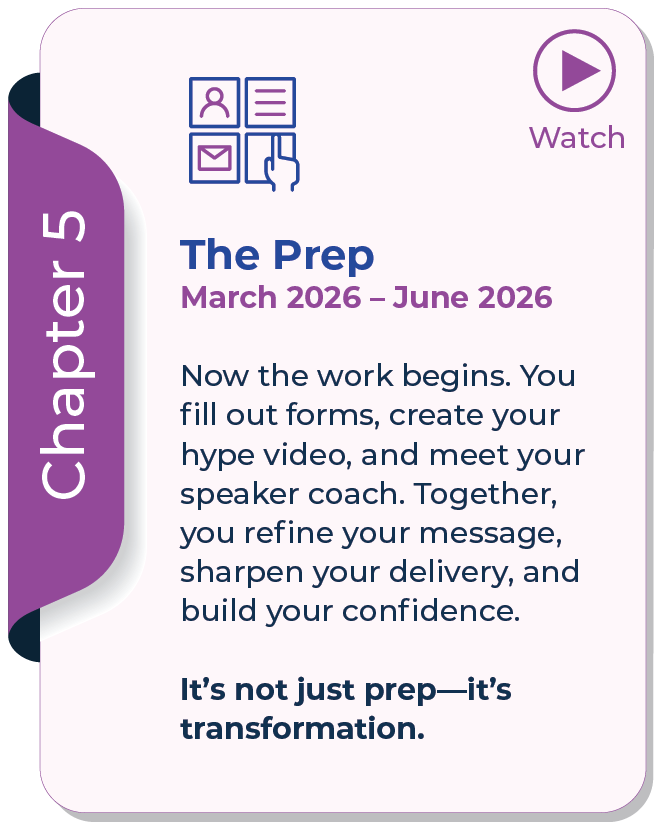 An instructional section titled 'The Prep' indicating preparation steps from March 2026 to June 2026, including filling out forms, creating a hype video, meeting a speaker coach, refining messages, sharpening delivery, and building confidence.