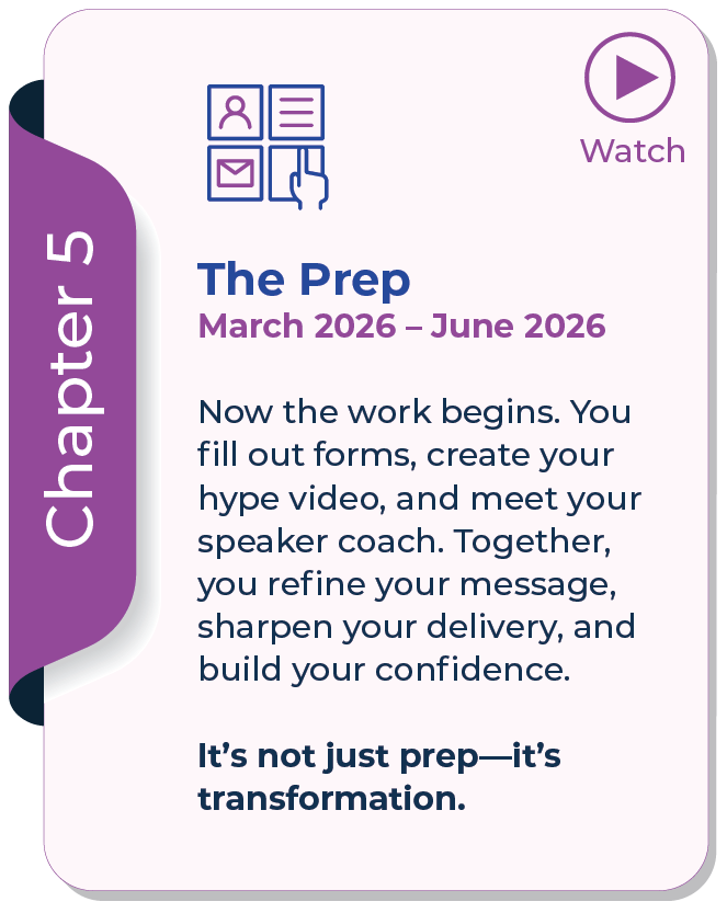 An instructional section titled 'The Prep' indicating preparation steps from March 2026 to June 2026, including filling out forms, creating a hype video, meeting a speaker coach, refining messages, sharpening delivery, and building confidence. An instructional section titled 'The Prep' indicating preparation steps from March 2026 to June 2026, including filling out forms, creating a hype video, meeting a speaker coach, refining messages, sharpening delivery, and building confidence.