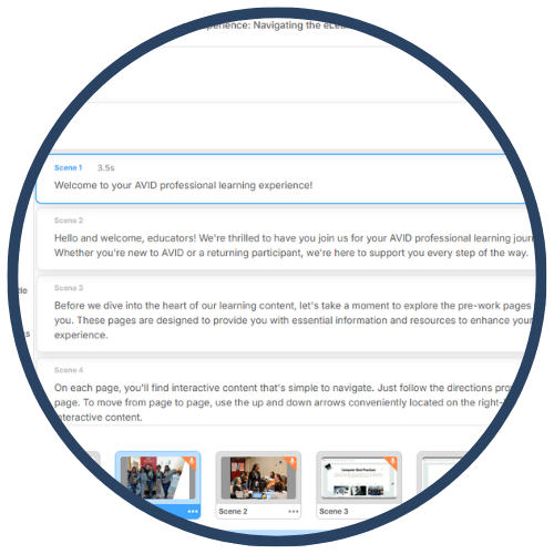 Screenshot of an educational platform with text instructions for an AVID professional learning experience, showing multiple scenes and content descriptions.