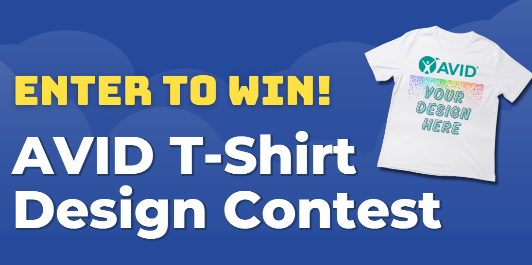 Graphic announcing an AVID T-shirt design contest with a colorful gradient T-shirt on a blue background.