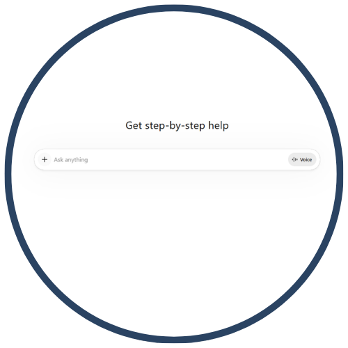 Circular interface with a search bar and prompt to get step-by-step help