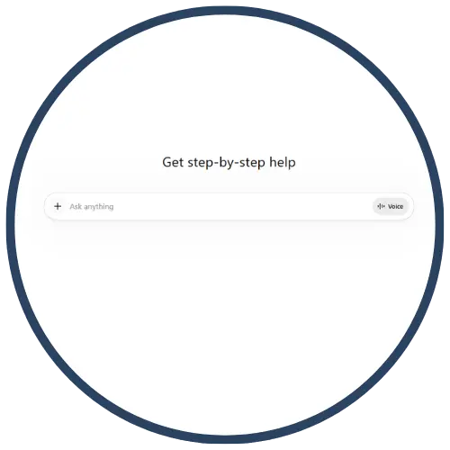 Circular interface with a search bar and prompt to get step-by-step help Circular interface with a search bar and prompt to get step-by-step help