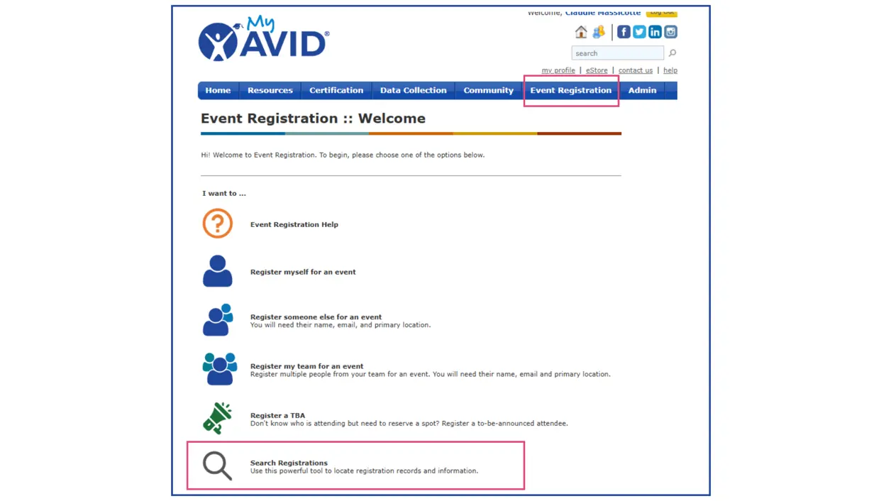 Screenshot of an event registration page from the My AVID website with several options including Event Registration Help, Register myself for an event, Register someone else for an event, Register my team for an event, Register a TBA, and Search Registrations. Screenshot of an event registration page from the My AVID website with several options including Event Registration Help, Register myself for an event, Register someone else for an event, Register my team for an event, Register a TBA, and Search Registrations.