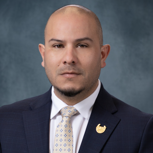 Individual in a formal suit with tie and lapel pin, blurred face.