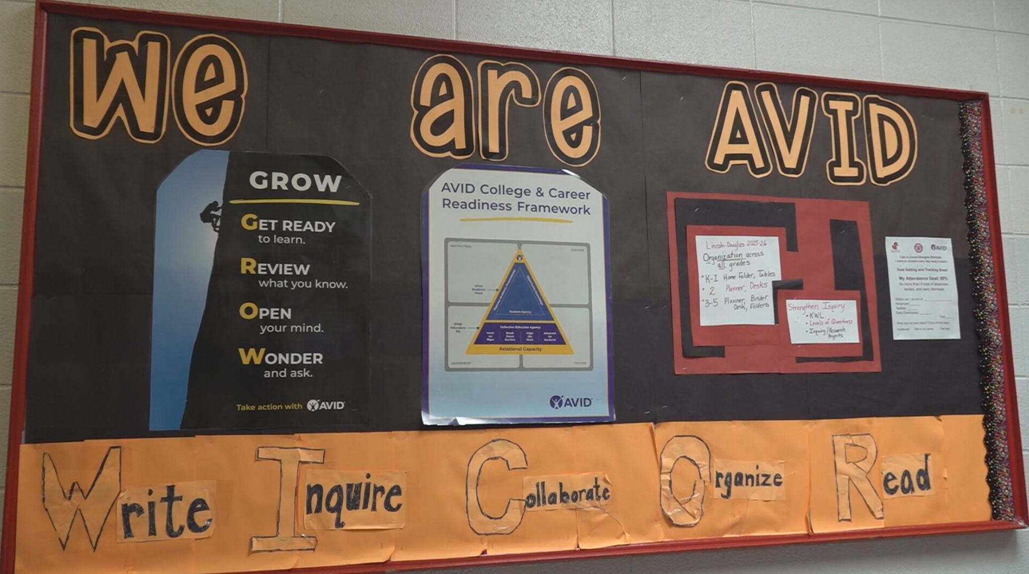 A classroom bulletin board with educational posters and motivational phrases emphasizing growth and readiness.
