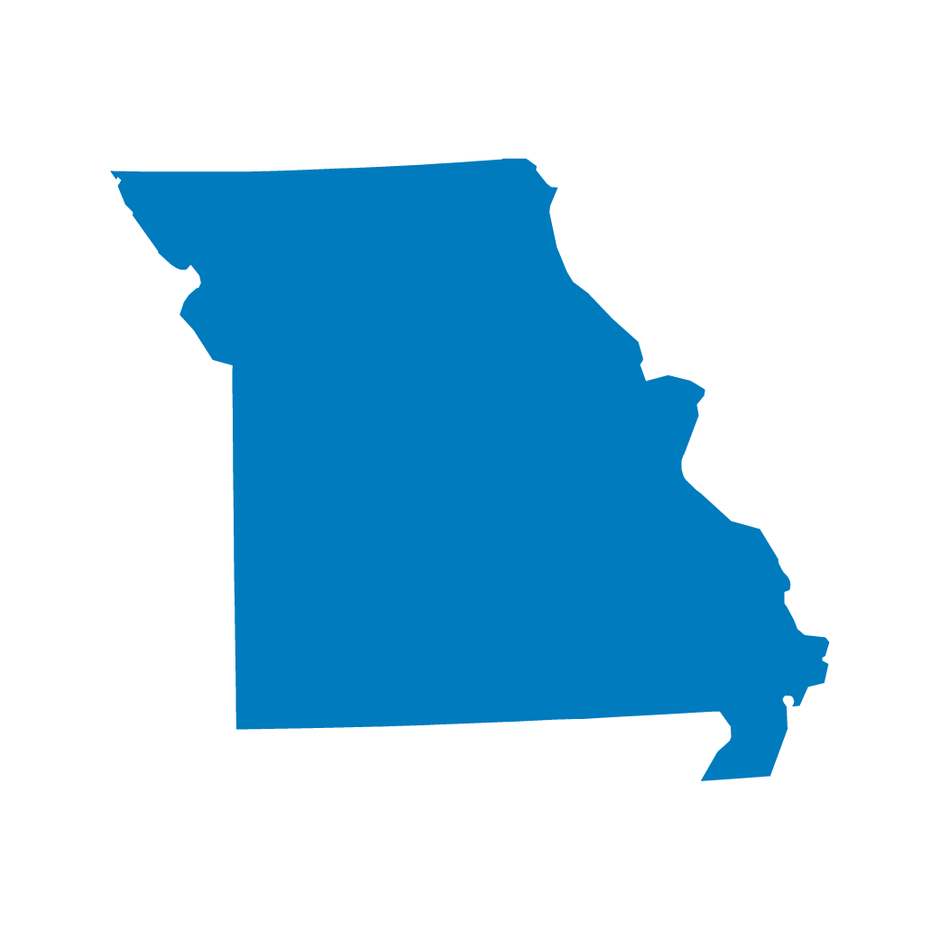 Silhouette of the state of Missouri in blue, displayed against a white background.