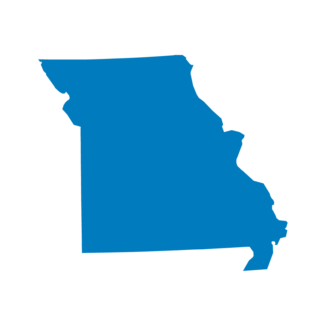 Silhouette of the state of Missouri in blue, displayed against a white background. Silhouette of the state of Missouri in blue, displayed against a white background.