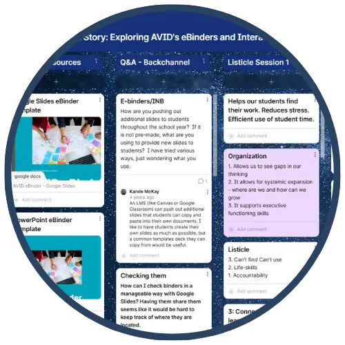 Bulletin board displaying multiple notes and resources related to AVID's eBinders and interactive student engagement. Bulletin board displaying multiple notes and resources related to AVID's eBinders and interactive student engagement.
