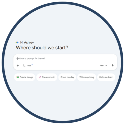 Google Gemini interface with a prompt input field and several action buttons for creating image, creating music, boosting the day, writing anything, and helping learn.