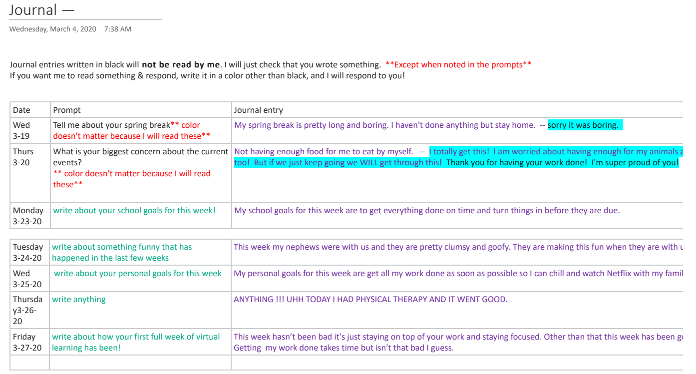 A journal sheet containing dated prompts for writing exercises spanning from Wednesday, March 4, 2020, to Friday, March 27, 2020. Entries include various prompts and responses on topics like spring break, school goals, and personal experiences.