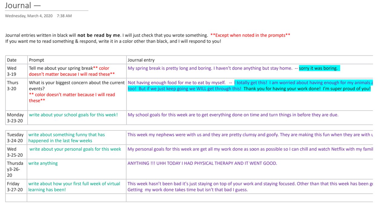 A journal sheet containing dated prompts for writing exercises spanning from Wednesday, March 4, 2020, to Friday, March 27, 2020. Entries include various prompts and responses on topics like spring break, school goals, and personal experiences. A journal sheet containing dated prompts for writing exercises spanning from Wednesday, March 4, 2020, to Friday, March 27, 2020. Entries include various prompts and responses on topics like spring break, school goals, and personal experiences.