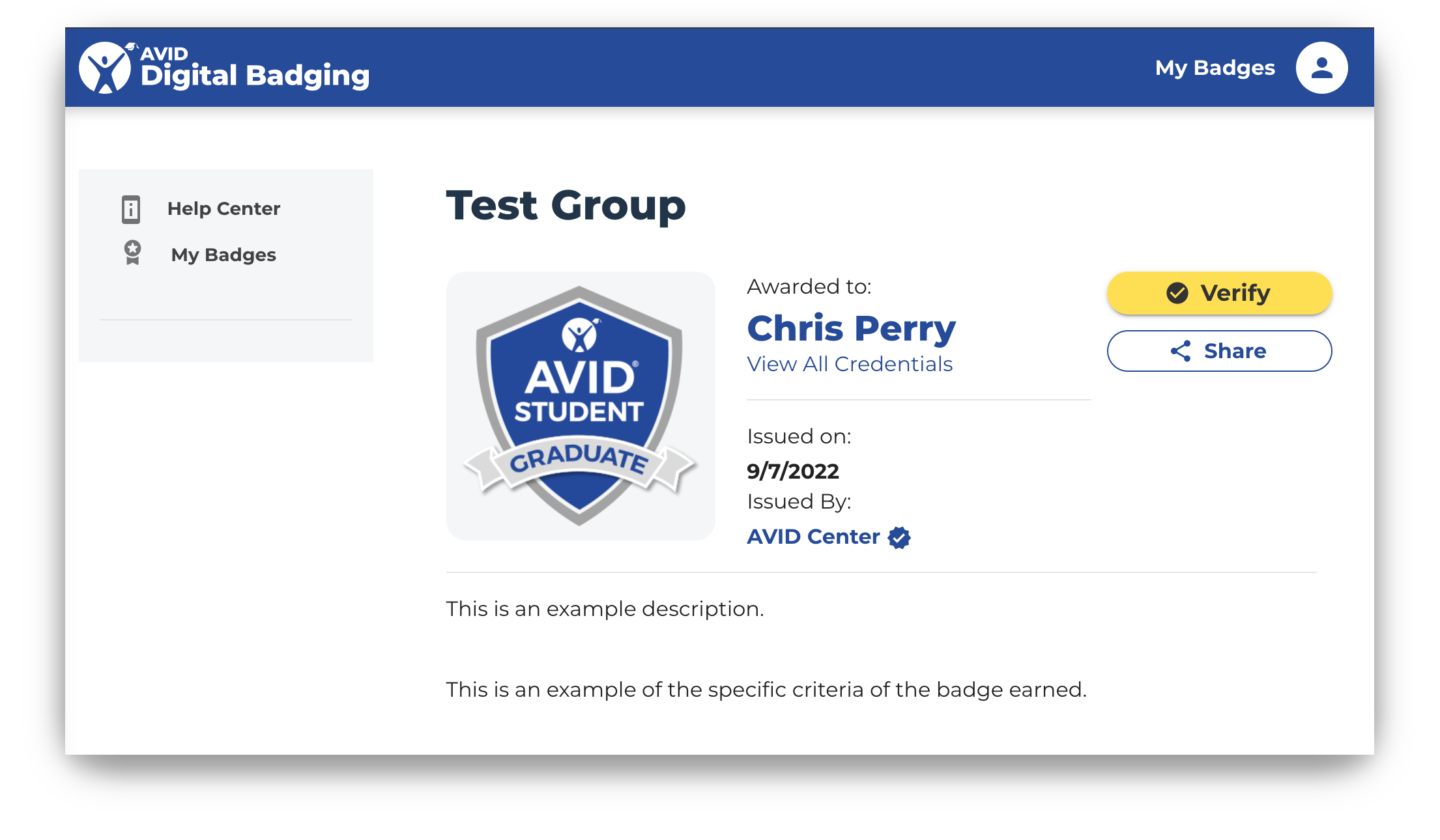 A screenshot of an AVID digital badging page displaying badge information for a graduate student named Chris Perry, including verification and sharing options.