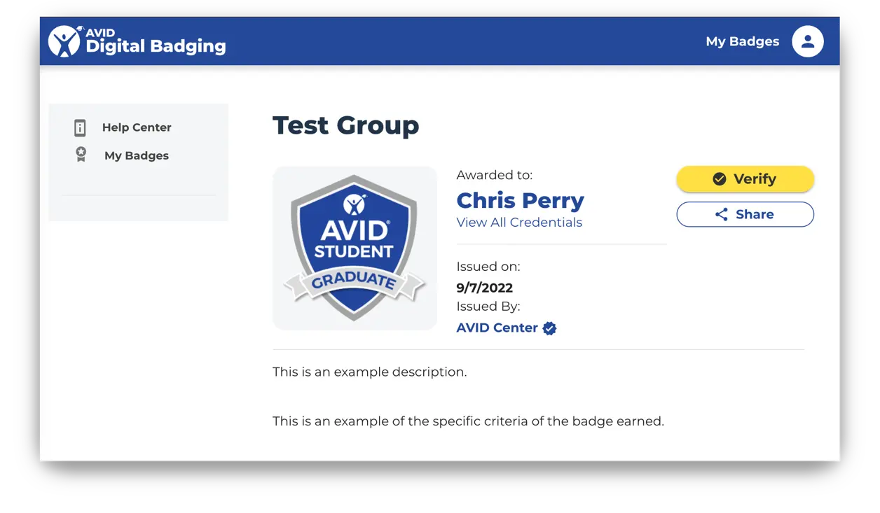 A screenshot of an AVID digital badging page displaying badge information for a graduate student named Chris Perry, including verification and sharing options. A screenshot of an AVID digital badging page displaying badge information for a graduate student named Chris Perry, including verification and sharing options.