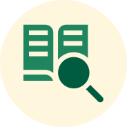 Icon depicting an open book and magnifying glass on a light beige background.