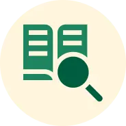 Icon depicting an open book and magnifying glass on a light beige background. Icon depicting an open book and magnifying glass on a light beige background.
