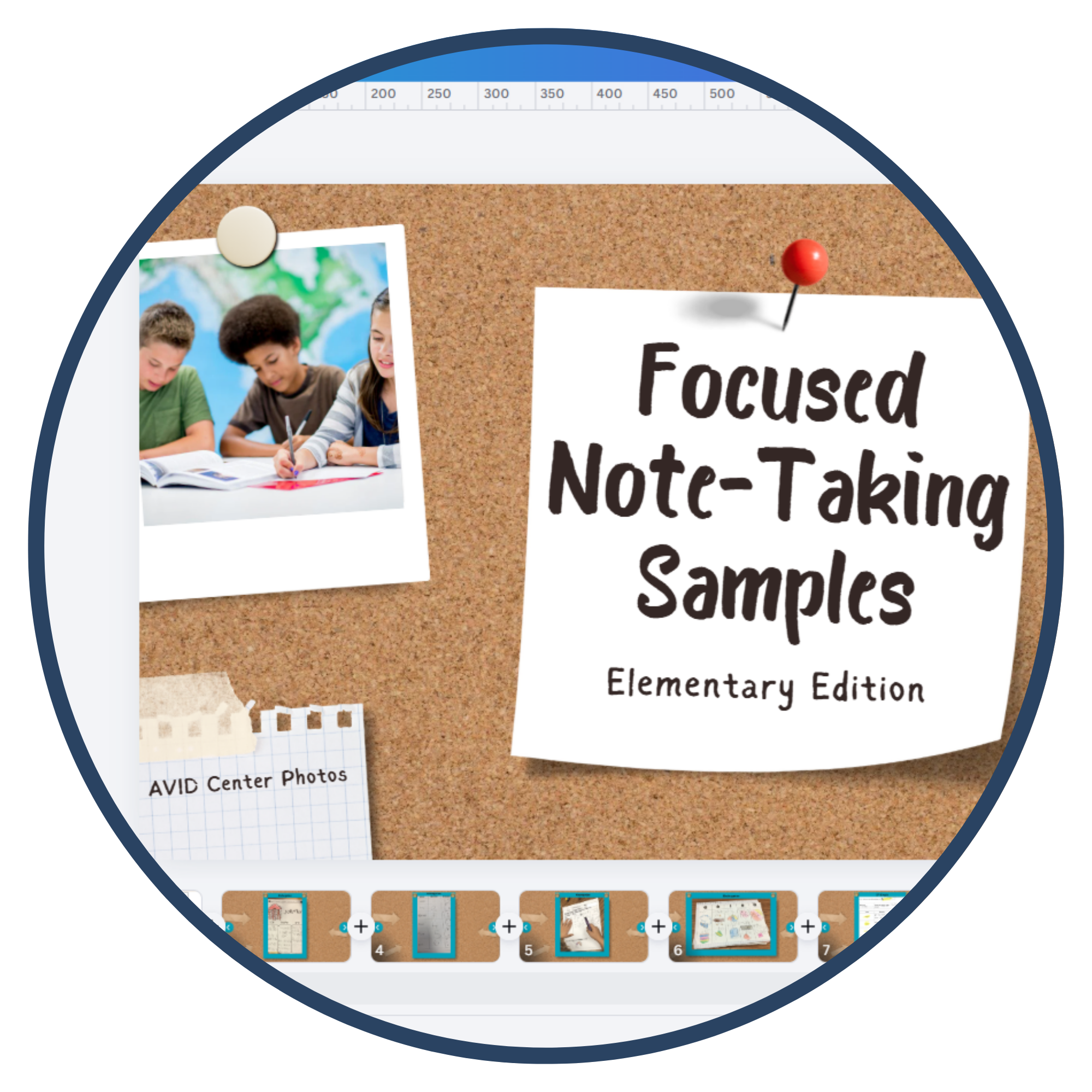 Corkboard with a polaroid photo of children working together and a pinned note that reads 'Focused Note-Taking Samples Elementary Edition'.