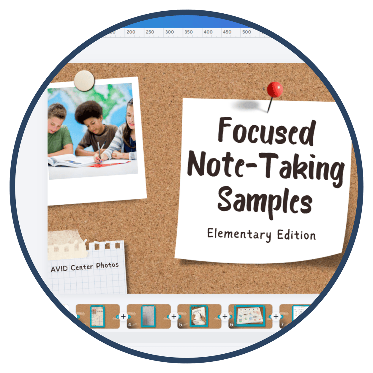 Corkboard with a polaroid photo of children working together and a pinned note that reads 'Focused Note-Taking Samples Elementary Edition'. Corkboard with a polaroid photo of children working together and a pinned note that reads 'Focused Note-Taking Samples Elementary Edition'.