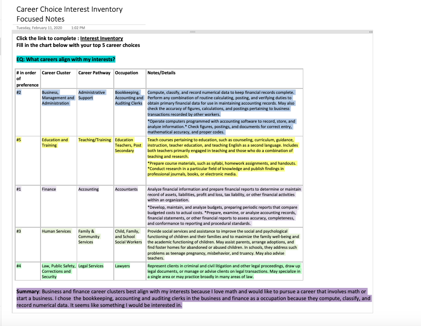 Document listing top 5 career choices associated with clustered tasks, pathways, occupations, and details.