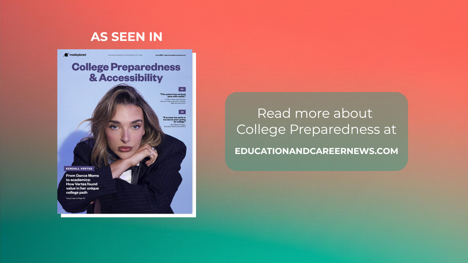 A promotional image featuring a magazine cover titled 'College Preparedness & Accessibility' and a call to action to read more about college preparedness at futureofpersonalhealth.com.