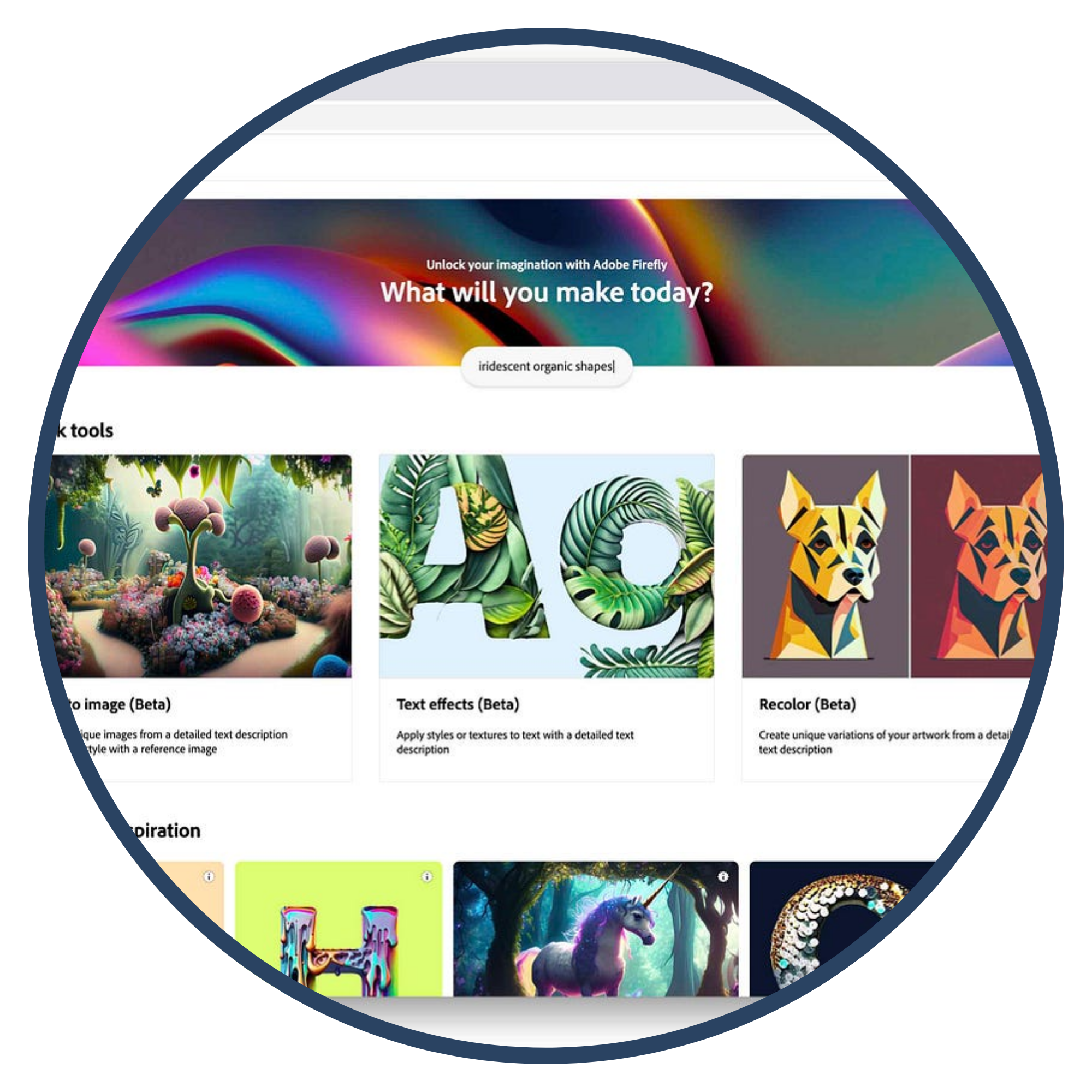 A screenshot of the Adobe Firefly creative tool with various visually appealing features including image recoloring, text effects, and more. The interface displays colorful images, text options, and creative tools.