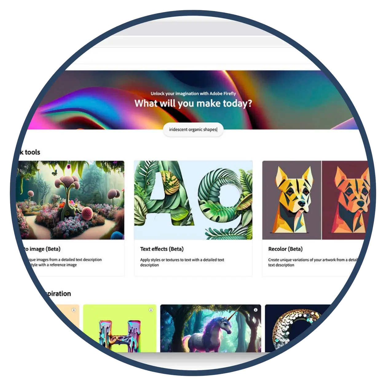 A screenshot of the Adobe Firefly creative tool with various visually appealing features including image recoloring, text effects, and more. The interface displays colorful images, text options, and creative tools. A screenshot of the Adobe Firefly creative tool with various visually appealing features including image recoloring, text effects, and more. The interface displays colorful images, text options, and creative tools.
