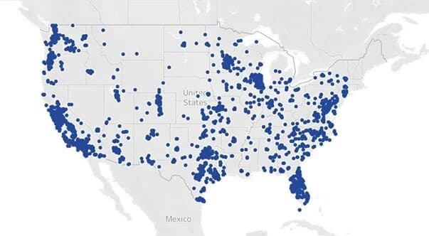 Map of the United States showing numerous blue dots scattered across various regions. Map of the United States showing numerous blue dots scattered across various regions.
