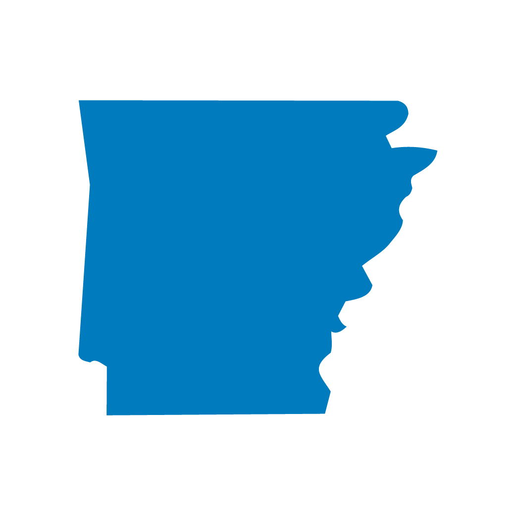 Blue silhouette of the state of Arkansas on a black background.