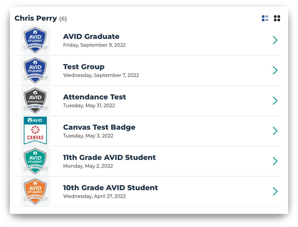 Screenshot of a person's achievements and test badges listed on a profile. Includes AVID Graduate, Test Group, Attendance Test, Canvas Test Badge, 11th Grade AVID Student, and 10th Grade AVID Student. Screenshot of a person's achievements and test badges listed on a profile. Includes AVID Graduate, Test Group, Attendance Test, Canvas Test Badge, 11th Grade AVID Student, and 10th Grade AVID Student.