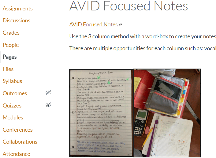 Screenshot of an online class page with a section showing handwritten notes and a study setup including a calculator, binder, and papers. Screenshot of an online class page with a section showing handwritten notes and a study setup including a calculator, binder, and papers.