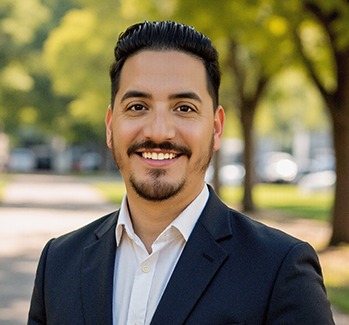 Individual in a dark formal suit standing outdoors with trees and a street in the background.